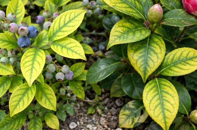 Blueberries and camellias yellow between the veins on chalky soil.