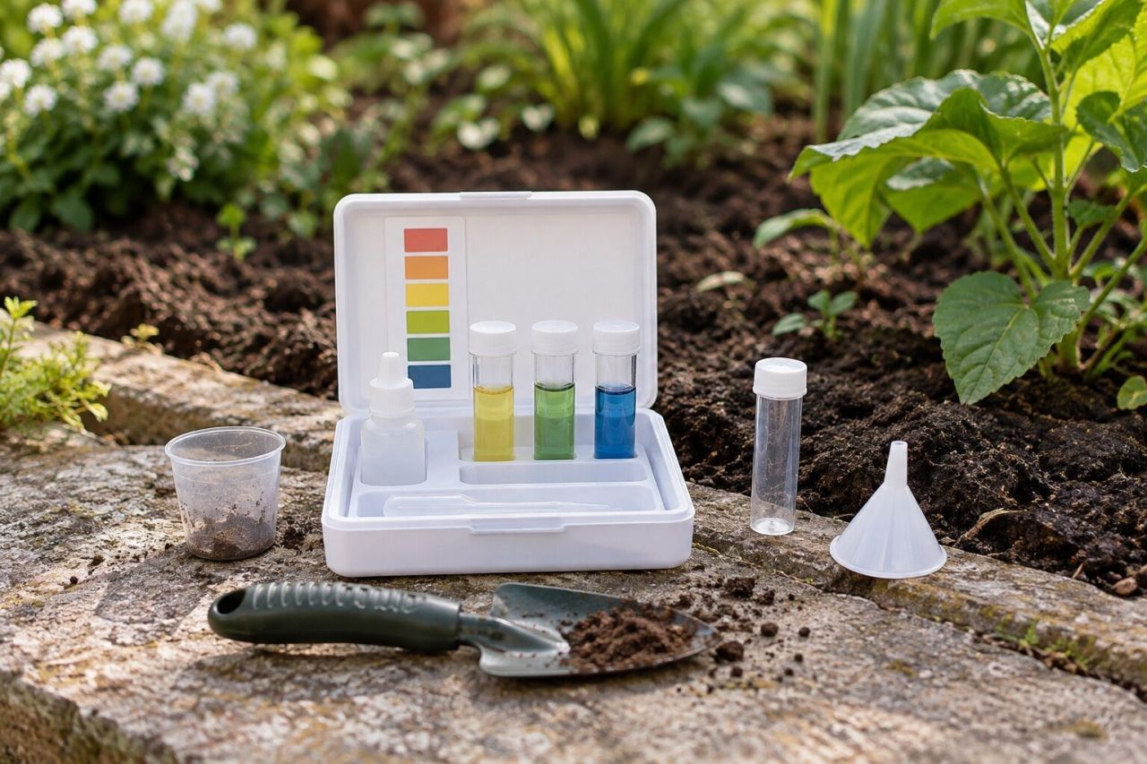 A soil pH test kit beside a garden bed