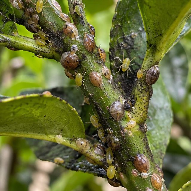Scale, aphids or whitefly on the leaves or stems above.