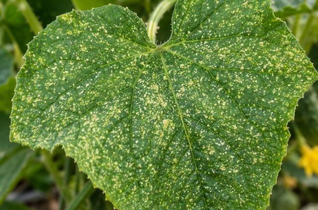Tiny pale dots over the upper leaf surface.
