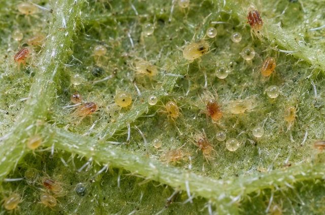 Under a lens, tiny mites and eggs under the leaf.