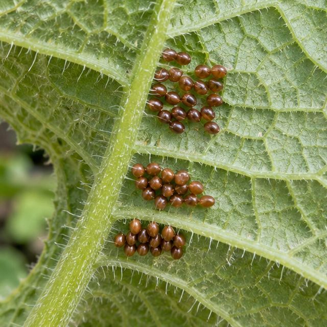 Neat clusters of shiny bronze eggs under leaves.