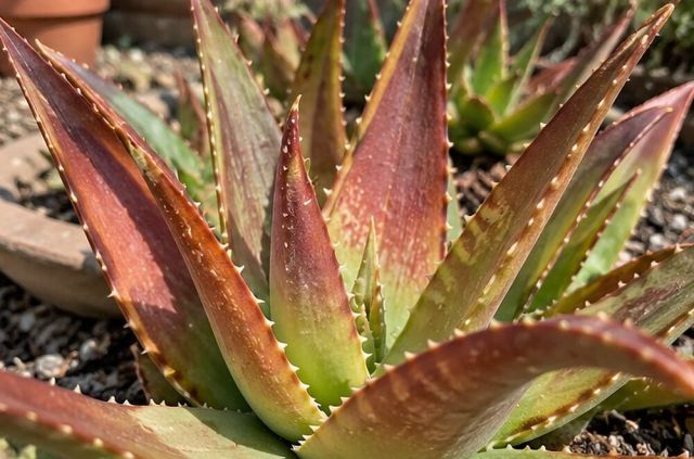 Aloes and other succulents flush red or brown when sun suddenly strengthens.
