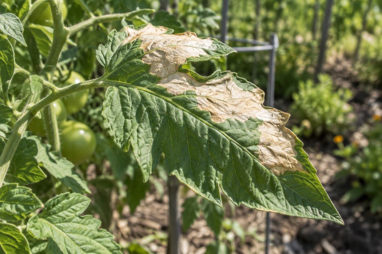 A tomato leaf with pale, papery scorched patches