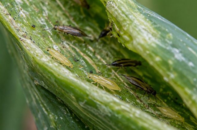 Narrow yellow or dark insects in leaf folds.