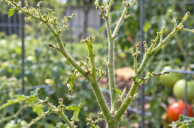 Leaves eaten back to bare stems at the top of the plant.
