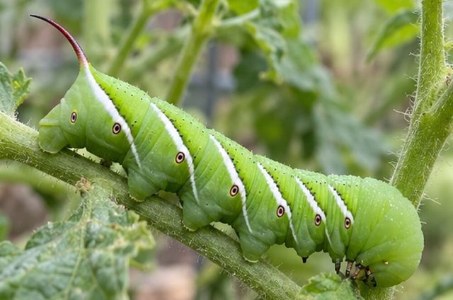 A green caterpillar with white stripes and a horn at the rear.