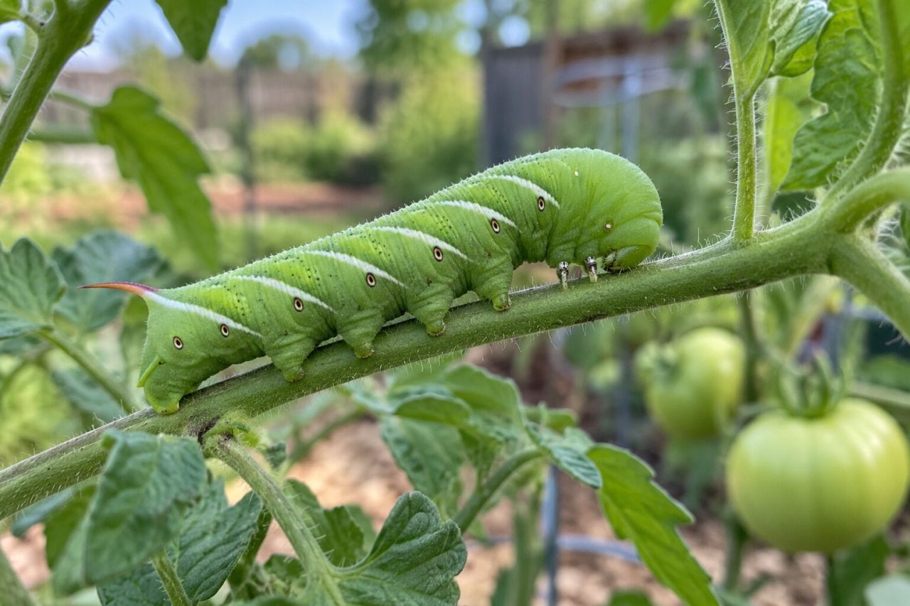 A large green hornworm caterpillar on a tomato stem
