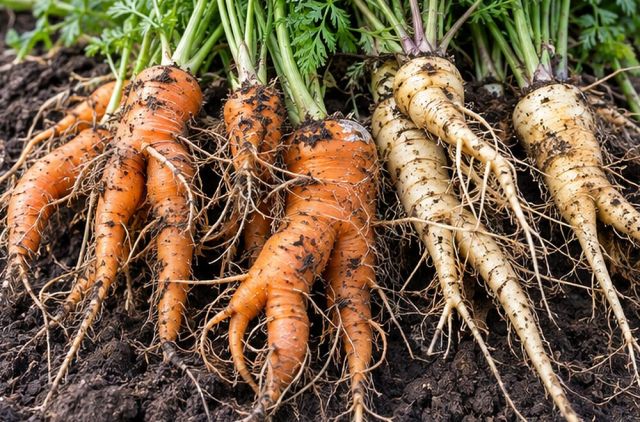 Carrots and parsnips in freshly manured ground fork and grow whiskery.