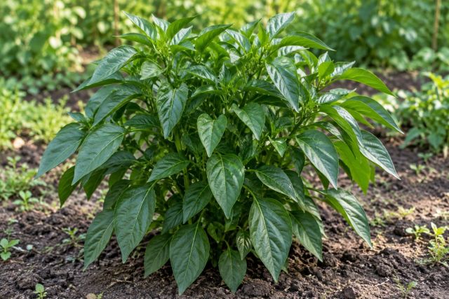 A lush, dark green pepper plant with many leaves and no fruit