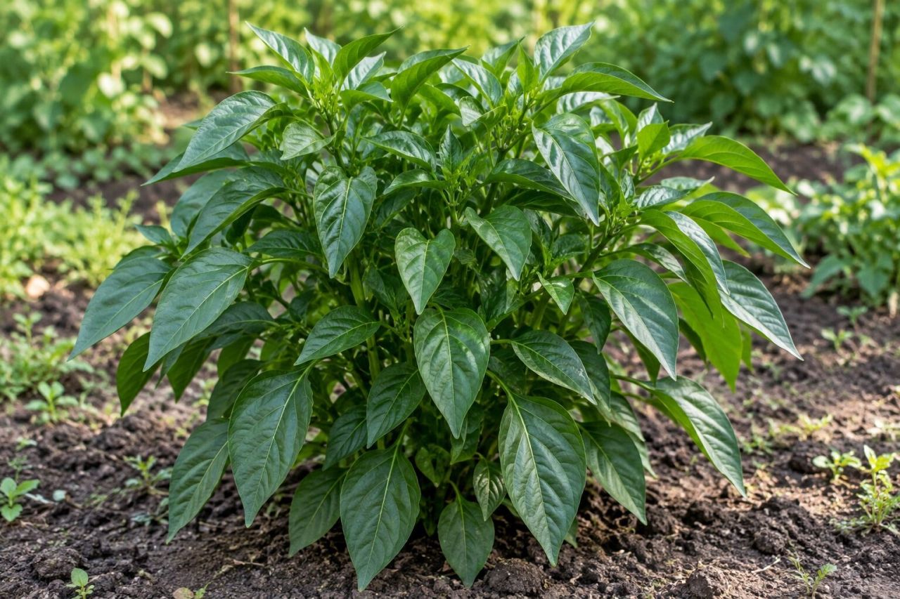 A lush, dark green pepper plant with many leaves and no fruit
