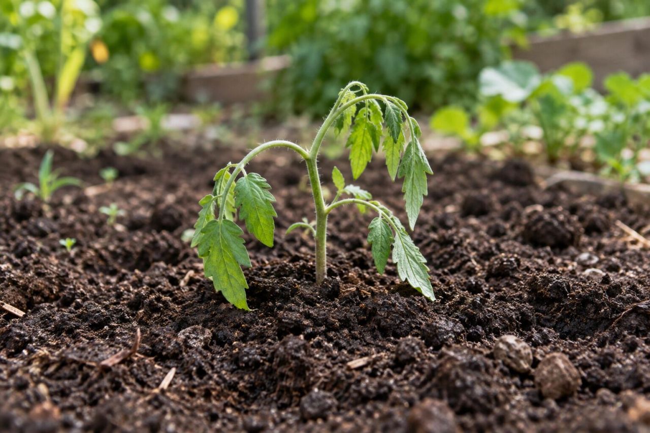A newly planted seedling drooping in fresh soil