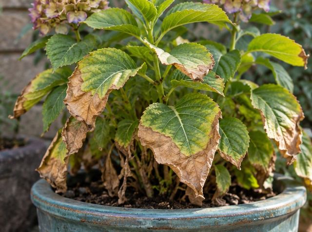Leaf edges and tips dry to brown and papery, starting with the oldest leaves.