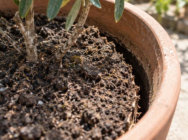 Dry compost pulls away from the pot wall, so water runs straight past the roots.