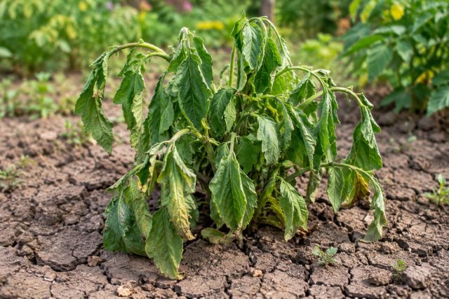 A drooping plant in dry, cracked soil