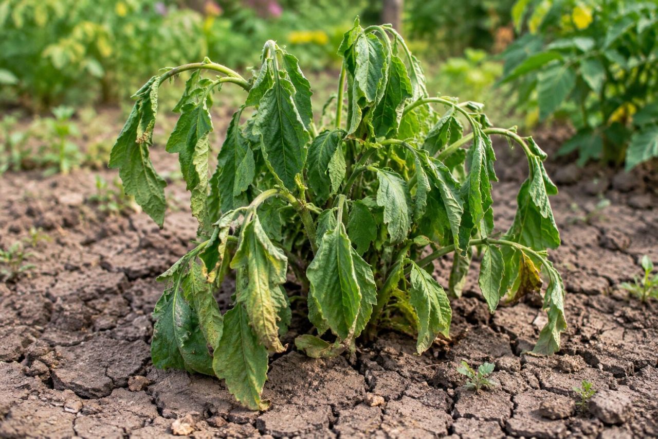 A drooping plant in dry, cracked soil
