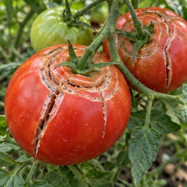 Tomatoes crack in rings round the stalk or in lines down the side.