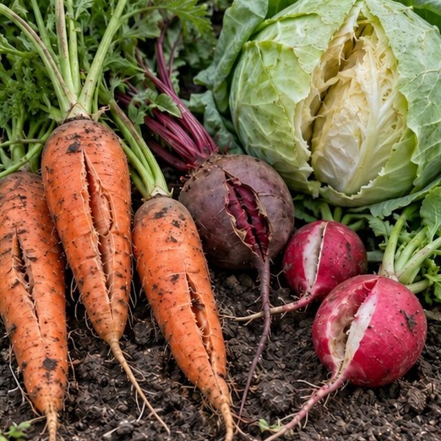 Carrots, beets and radishes split lengthways; cabbages burst open at the head.