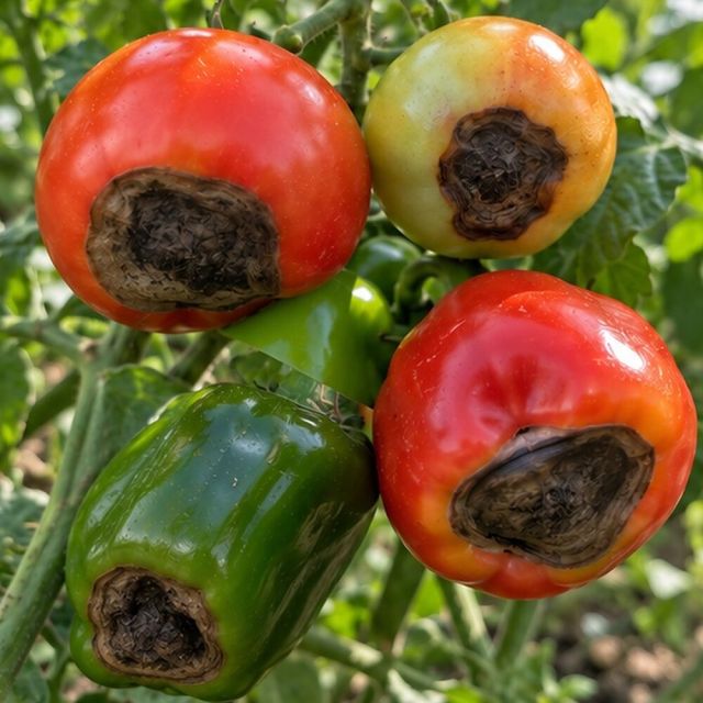 A sunken black patch at the flower end of tomatoes and peppers: blossom end rot.