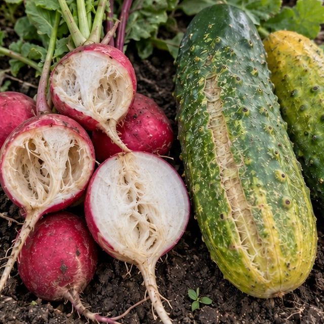 Radishes turn hot and pithy, cucumbers bitter, when growth stops and starts.