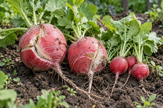 Oversized radishes with deep cracks beside small, whole ones