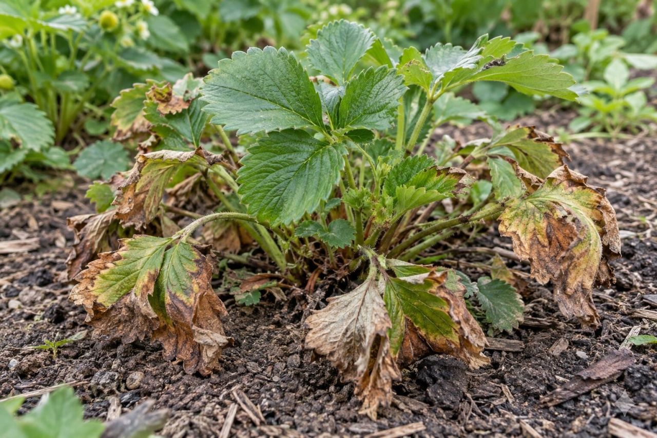 A strawberry plant with wilting, browning outer leaves