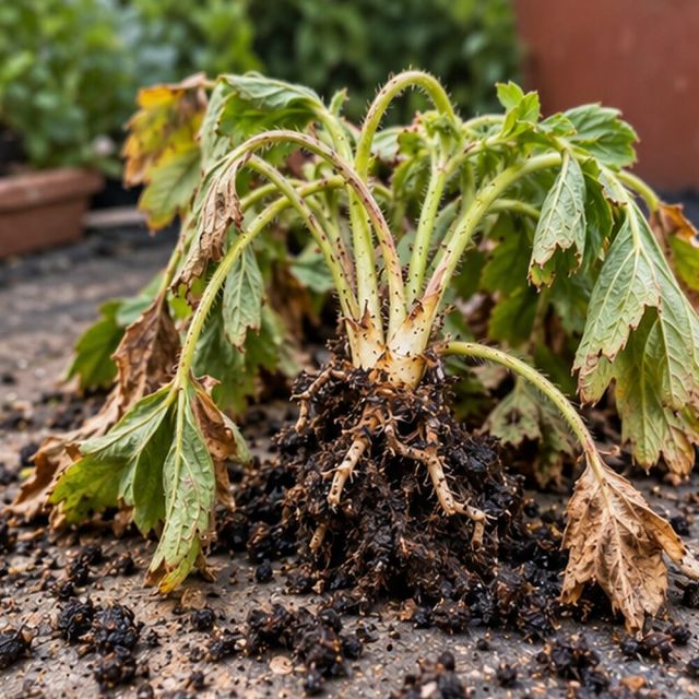 Plants wilt and come away without roots.
