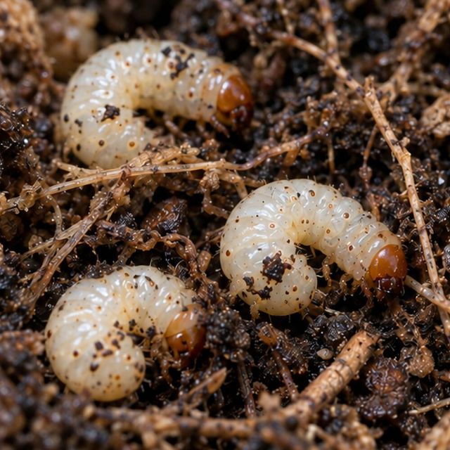 Cream C-shaped grubs with brown heads in the compost.