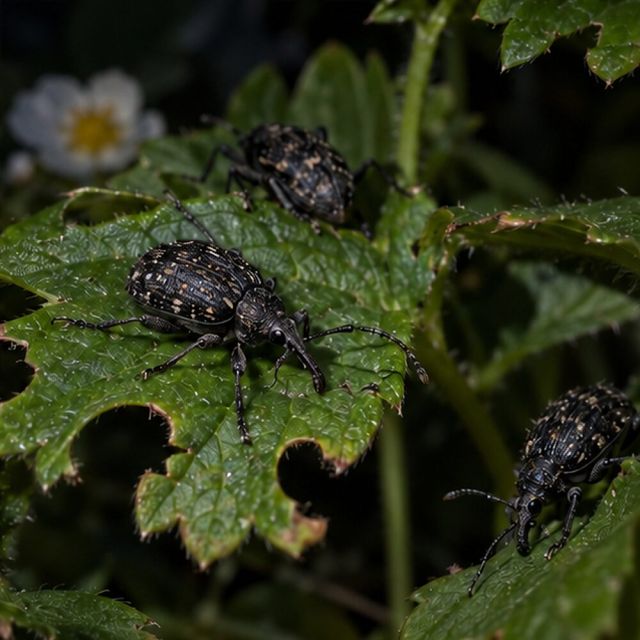 Dull black beetles with pale flecks.