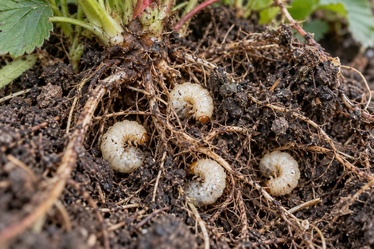 White vine weevil grubs among strawberry roots