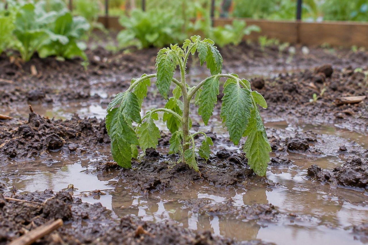 A hand pressing into damp garden soil beside a young plant