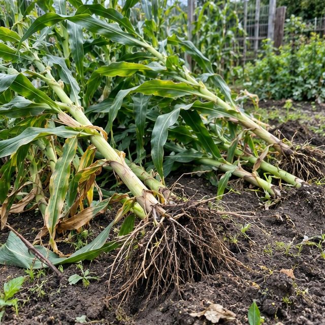 Tall crops lean or lie flat, roots partly lifted.