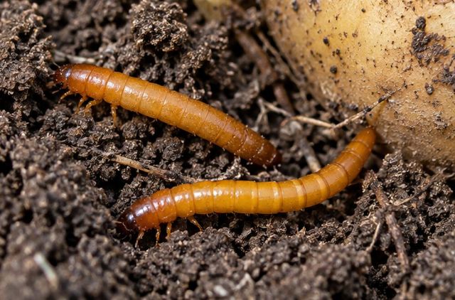 Shiny orange-brown larvae up to 25 mm long in the soil.