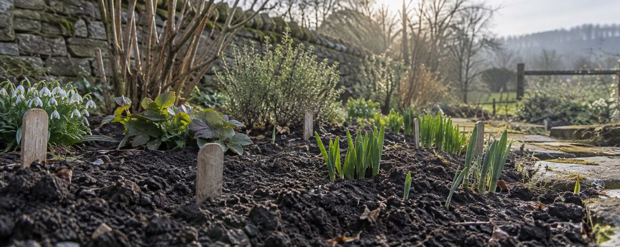 An early spring garden bed with the first shoots