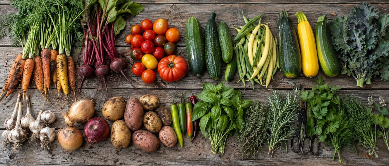 Garden vegetables and herbs arranged in rows