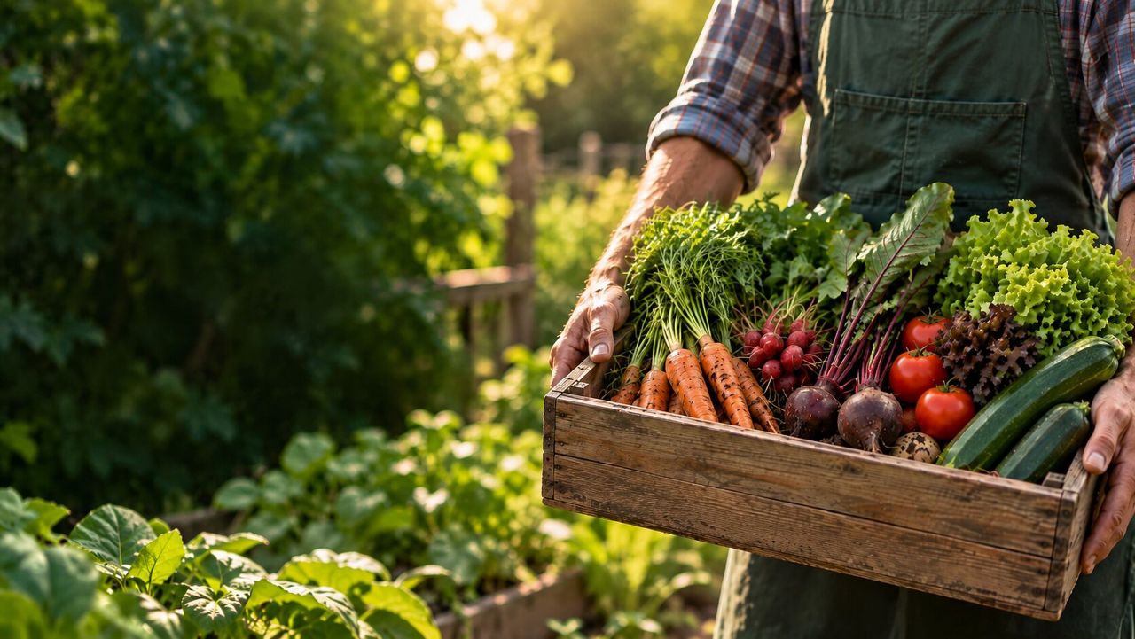 A gardener holding a crate of freshly harvested vegetables