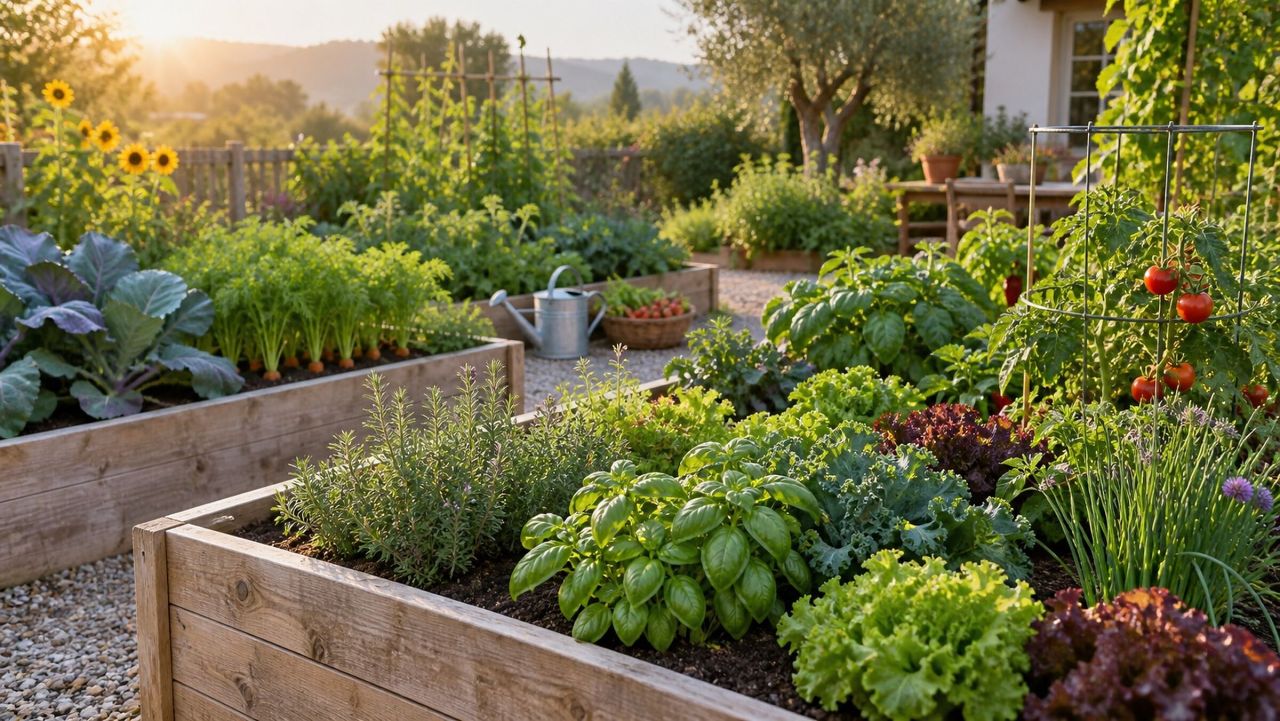 Raised beds of vegetables and herbs in late afternoon light