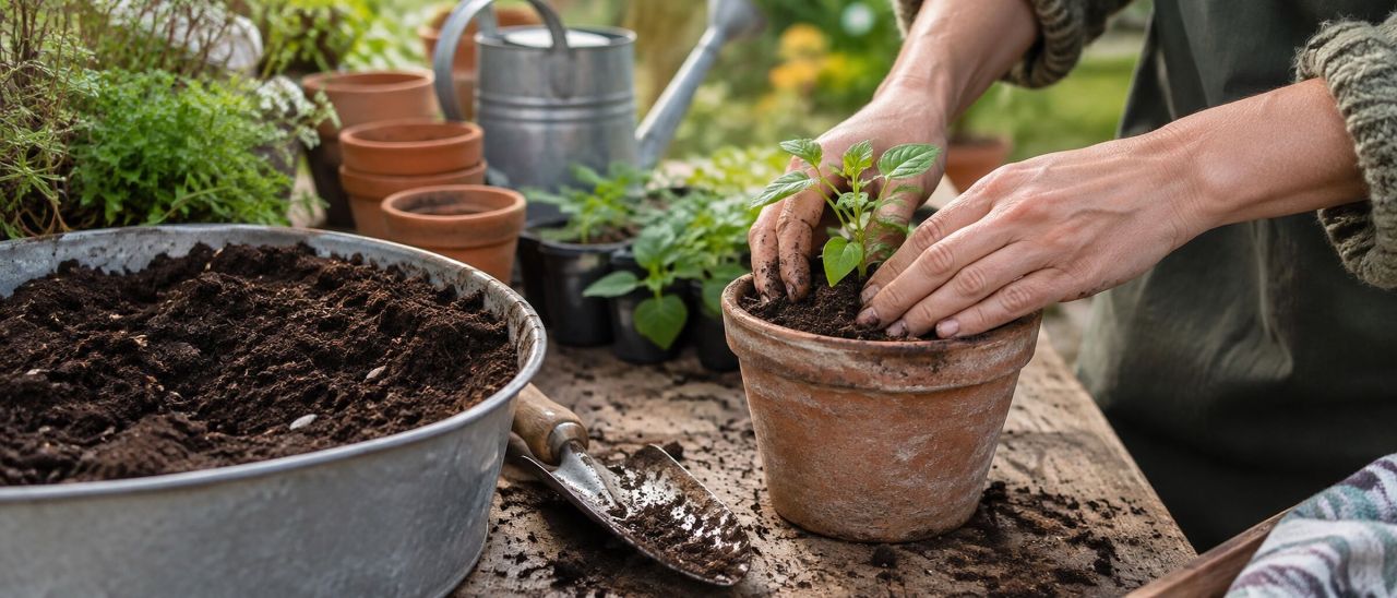 Potting on a seedling at a potting bench