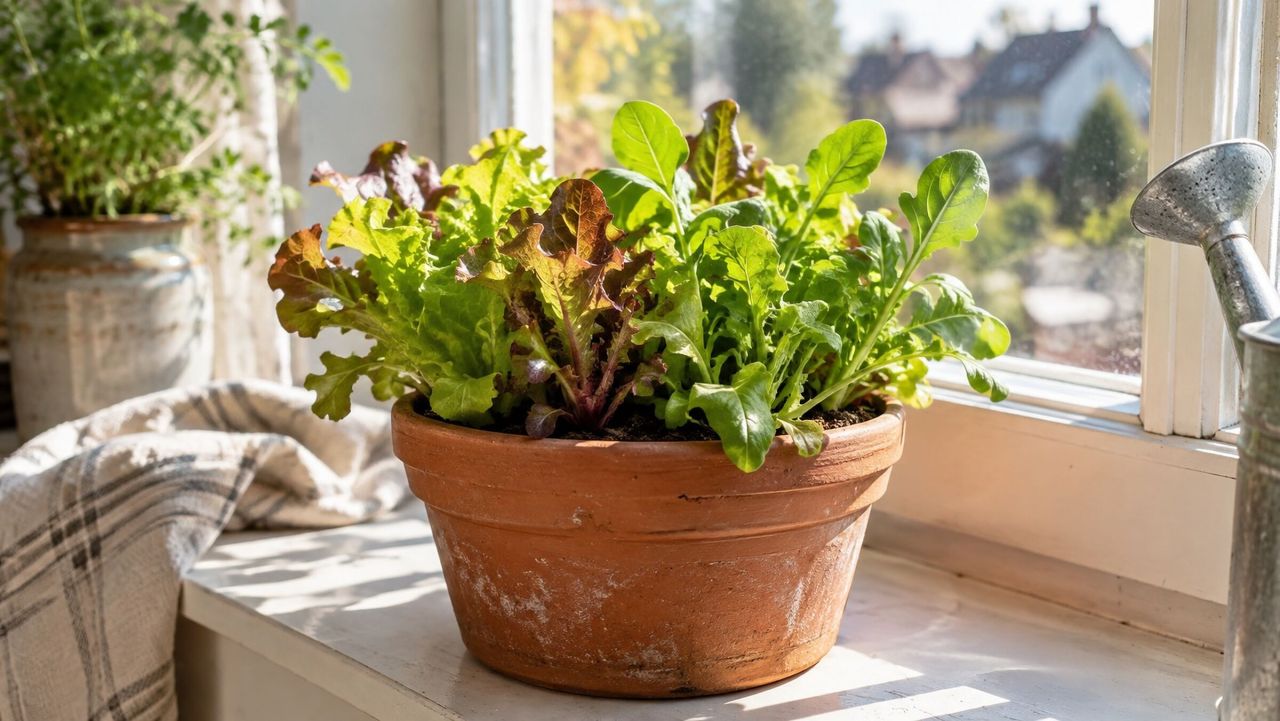 A first pot of salad leaves on a sunny windowsill