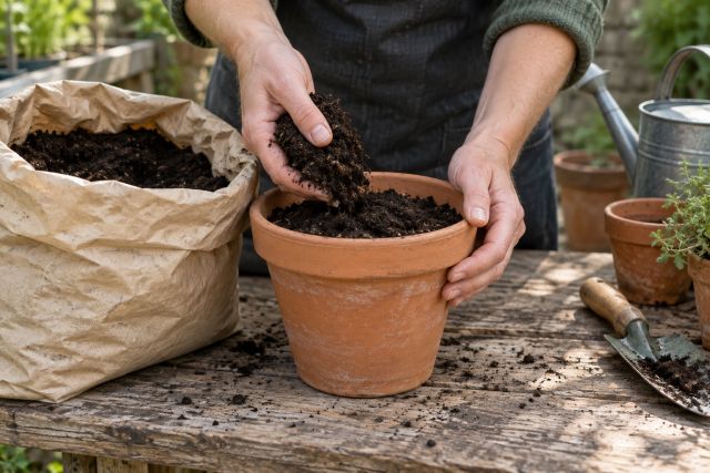 Hands filling a terracotta pot with dark compost