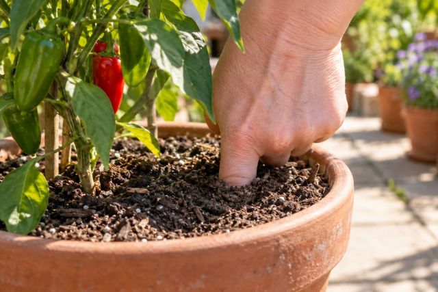 A finger pushed into the compost of a pot to check if it is dry