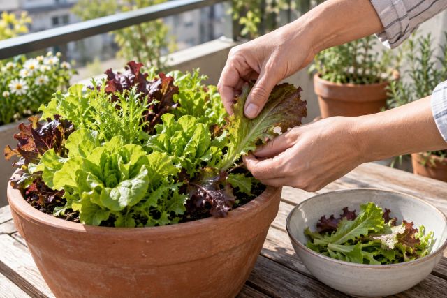 Hands picking outer salad leaves from a pot