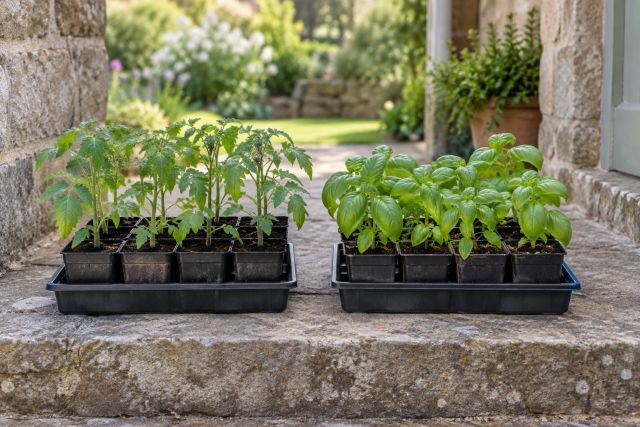 Trays of young plants set outside on a step to harden off