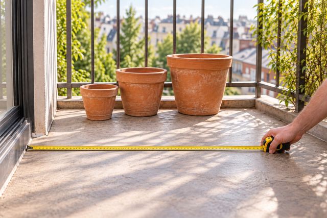 A tape measure across a sunny balcony with a few empty pots