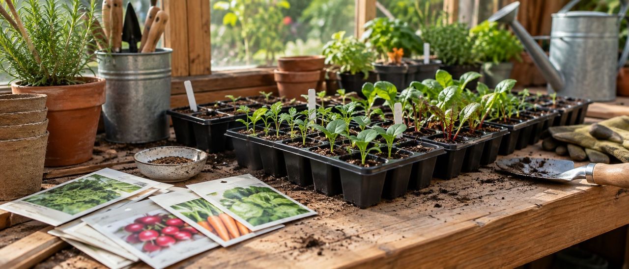 Seed packets and young seedlings on a potting bench