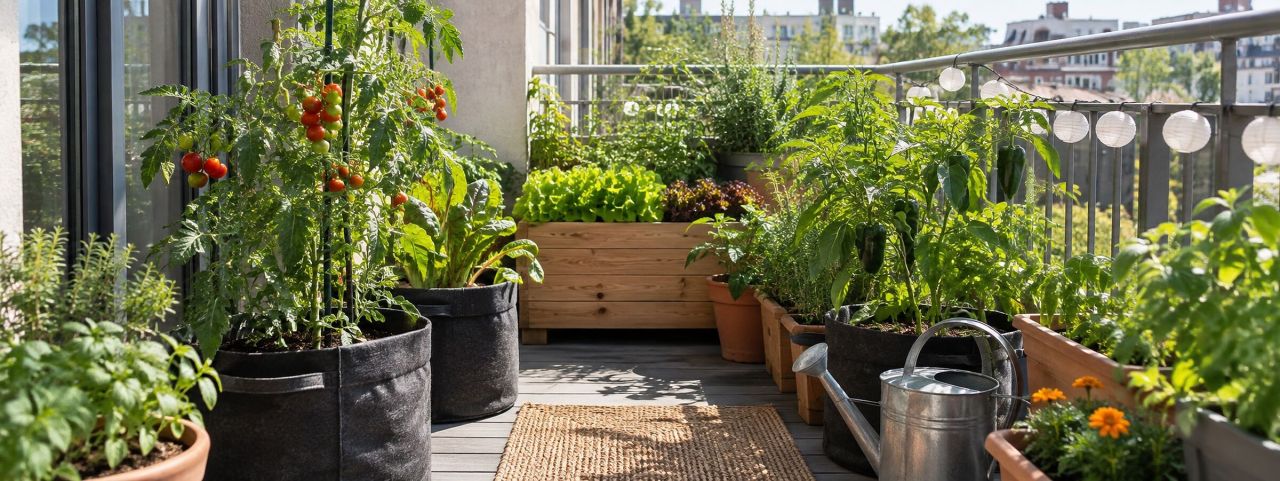 Vegetables growing in containers on a sunny balcony