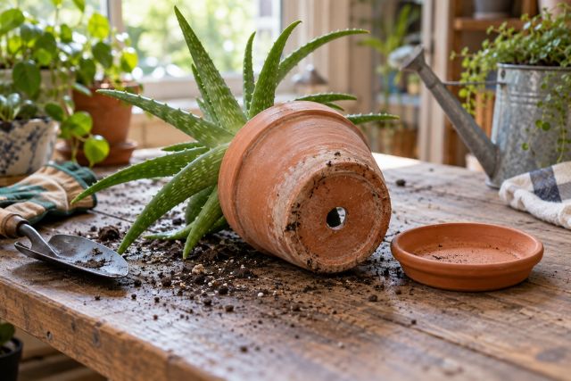 The drainage hole in the base of an aloe’s pot