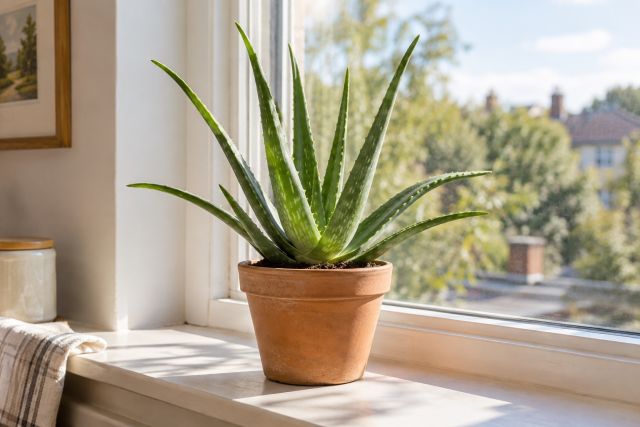 An aloe vera on a bright, sunny windowsill