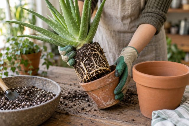 An aloe vera eased out of its pot, showing firm white roots