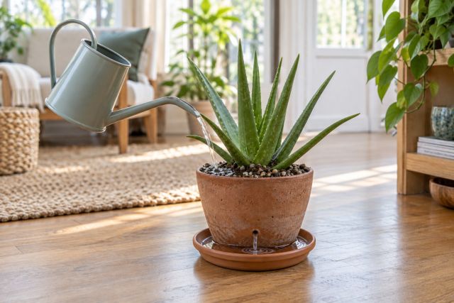 Watering an aloe until water runs from the drainage hole